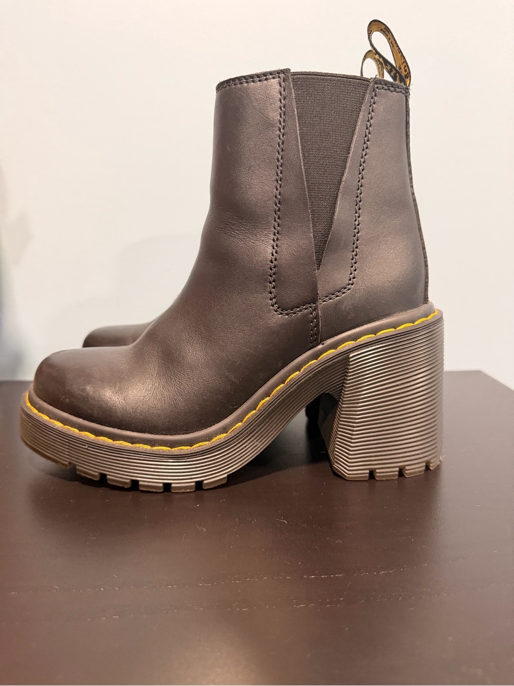 Dr. Martens Brown Platform Chelsea Boot with Yellow Stitching